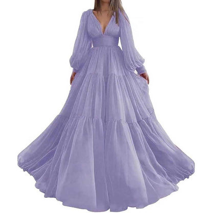 Long Sleeve Tulle Prom Dresses V Neck Formal Long Princess Dress Wedding Gown