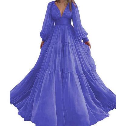 Long Sleeve Tulle Prom Dresses V Neck Formal Long Princess Dress Wedding Gown