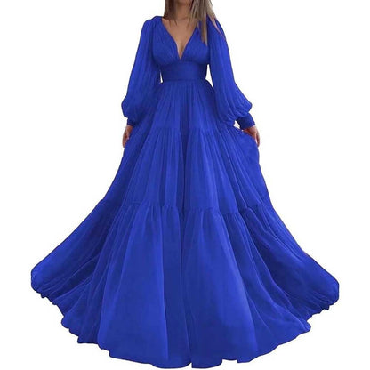 Long Sleeve Tulle Prom Dresses V Neck Formal Long Princess Dress Wedding Gown