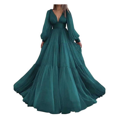 Long Sleeve Tulle Prom Dresses V Neck Formal Long Princess Dress Wedding Gown