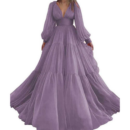 Long Sleeve Tulle Prom Dresses V Neck Formal Long Princess Dress Wedding Gown