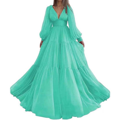 Long Sleeve Tulle Prom Dresses V Neck Formal Long Princess Dress Wedding Gown