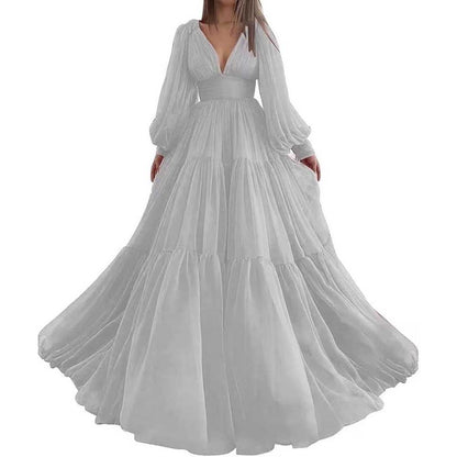 Long Sleeve Tulle Prom Dresses V Neck Formal Long Princess Dress Wedding Gown