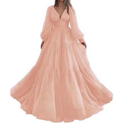 Long Sleeve Tulle Prom Dresses V Neck Formal Long Princess Dress Wedding Gown