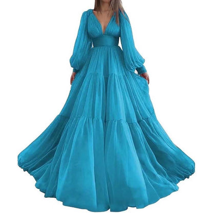 Long Sleeve Tulle Prom Dresses V Neck Formal Long Princess Dress Wedding Gown