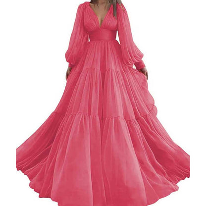 Long Sleeve Tulle Prom Dresses V Neck Formal Long Princess Dress Wedding Gown