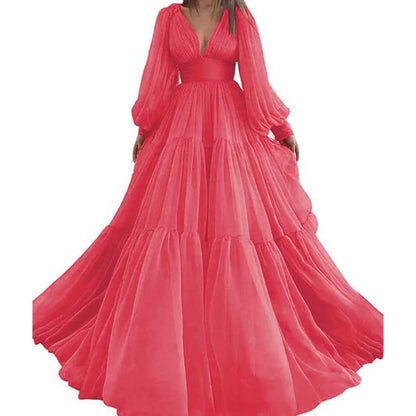Long Sleeve Tulle Prom Dresses V Neck Formal Long Princess Dress Wedding Gown