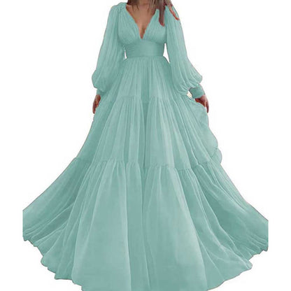 Long Sleeve Tulle Prom Dresses V Neck Formal Long Princess Dress Wedding Gown