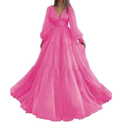 Long Sleeve Tulle Prom Dresses V Neck Formal Long Princess Dress Wedding Gown