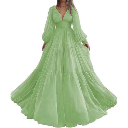 Long Sleeve Tulle Prom Dresses V Neck Formal Long Princess Dress Wedding Gown