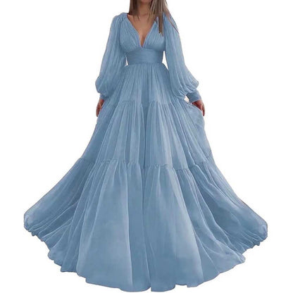 Long Sleeve Tulle Prom Dresses V Neck Formal Long Princess Dress Wedding Gown