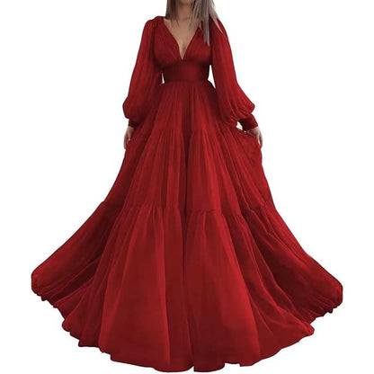 Long Sleeve Tulle Prom Dresses V Neck Formal Long Princess Dress Wedding Gown