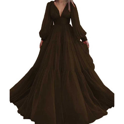 Long Sleeve Tulle Prom Dresses V Neck Formal Long Princess Dress Wedding Gown