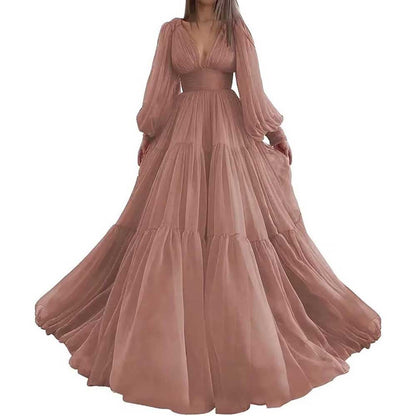 Long Sleeve Tulle Prom Dresses V Neck Formal Long Princess Dress Wedding Gown