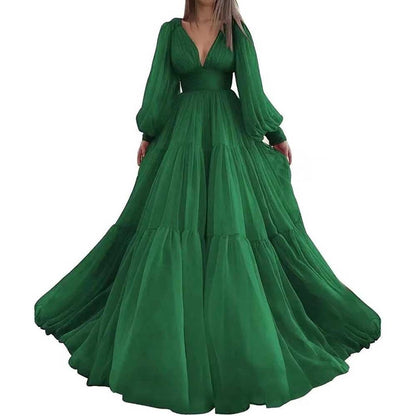 Long Sleeve Tulle Prom Dresses V Neck Formal Long Princess Dress Wedding Gown