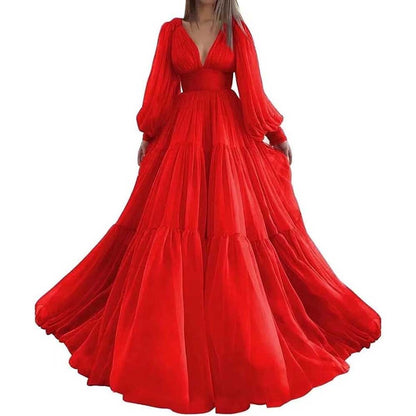 Long Sleeve Tulle Prom Dresses V Neck Formal Long Princess Dress Wedding Gown