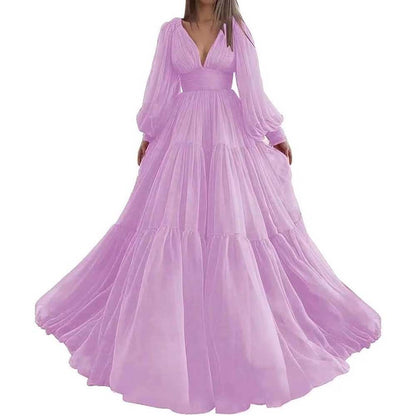 Long Sleeve Tulle Prom Dresses V Neck Formal Long Princess Dress Wedding Gown