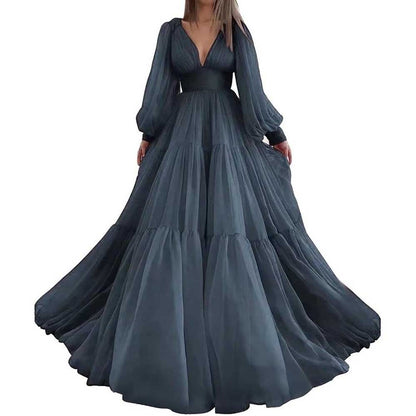 Long Sleeve Tulle Prom Dresses V Neck Formal Long Princess Dress Wedding Gown