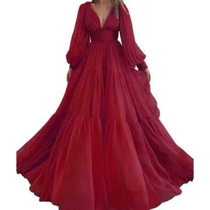 Long Sleeve Tulle Prom Dresses V Neck Formal Long Princess Dress Wedding Gown