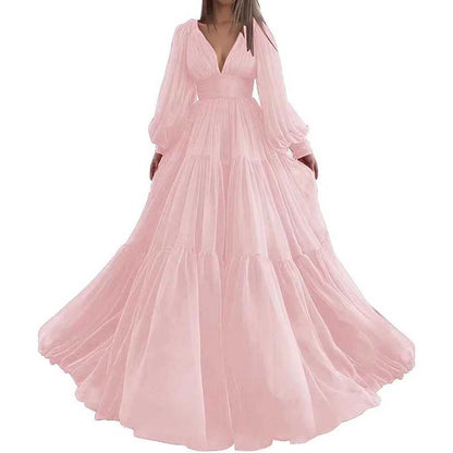 Long Sleeve Tulle Prom Dresses V Neck Formal Long Princess Dress Wedding Gown
