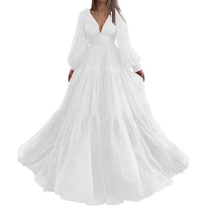Long Sleeve Tulle Prom Dresses V Neck Formal Long Princess Dress Wedding Gown