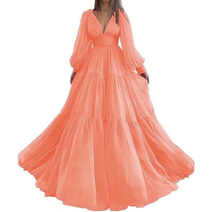 Long Sleeve Tulle Prom Dresses V Neck Formal Long Princess Dress Wedding Gown