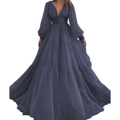 Long Sleeve Tulle Prom Dresses V Neck Formal Long Princess Dress Wedding Gown