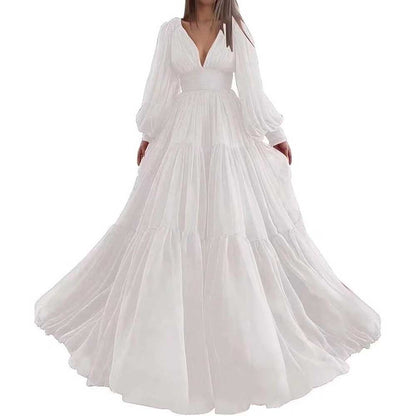 Long Sleeve Tulle Prom Dresses V Neck Formal Long Princess Dress Wedding Gown