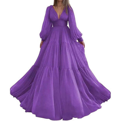 Long Sleeve Tulle Prom Dresses V Neck Formal Long Princess Dress Wedding Gown