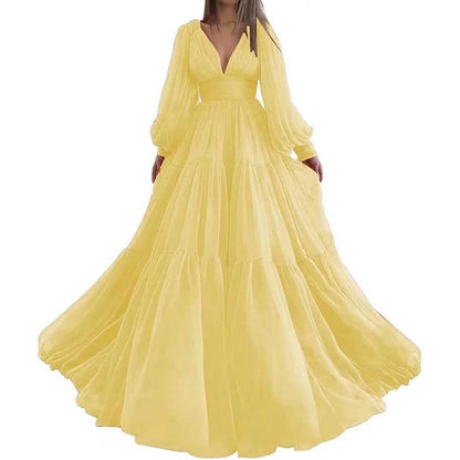 Long Sleeve Tulle Prom Dresses V Neck Formal Long Princess Dress Wedding Gown