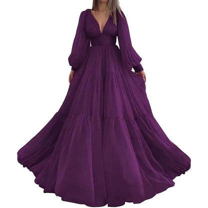 Long Sleeve Tulle Prom Dresses V Neck Formal Long Princess Dress Wedding Gown