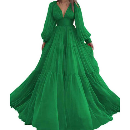 Long Sleeve Tulle Prom Dresses V Neck Formal Long Princess Dress Wedding Gown