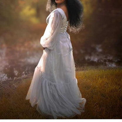 Long Sleeve Tulle Prom Dresses V Neck Formal Long Princess Dress Wedding Gown