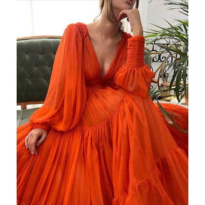 Long Sleeve Tulle Prom Dresses V Neck Formal Long Princess Dress Wedding Gown