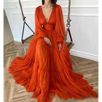 Long Sleeve Tulle Prom Dresses V Neck Formal Long Princess Dress Wedding Gown