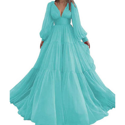 Long Sleeve Tulle Prom Dresses V Neck Formal Long Princess Dress Wedding Gown