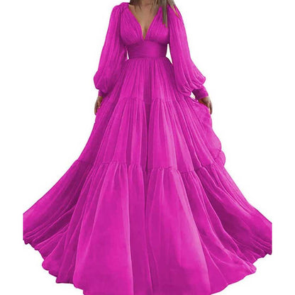Long Sleeve Tulle Prom Dresses V Neck Formal Long Princess Dress Wedding Gown