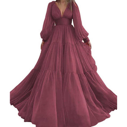 Long Sleeve Tulle Prom Dresses V Neck Formal Long Princess Dress Wedding Gown
