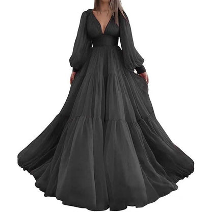 Long Sleeve Tulle Prom Dresses V Neck Formal Long Princess Dress Wedding Gown
