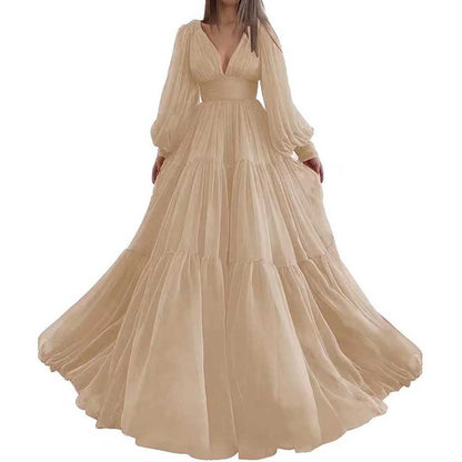 Long Sleeve Tulle Prom Dresses V Neck Formal Long Princess Dress Wedding Gown