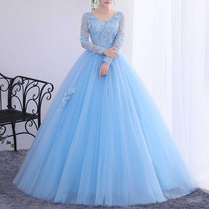 Ball Gown Quinceanera Dress Princess Dress Long Sleeve V Neck Appliques Prom Dress