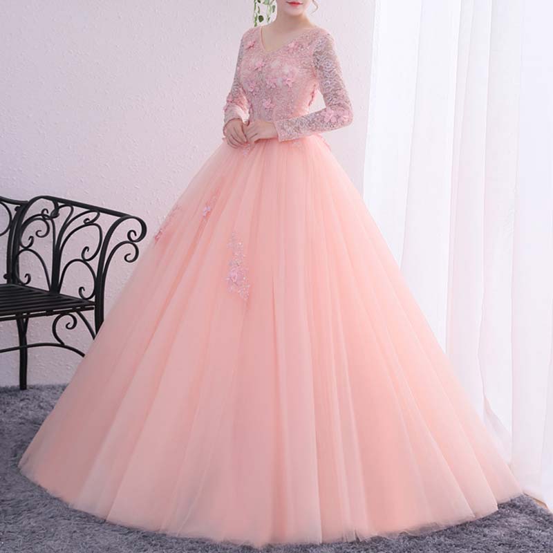 Ball Gown Quinceanera Dress Princess Dress Long Sleeve V Neck Appliques Prom Dress