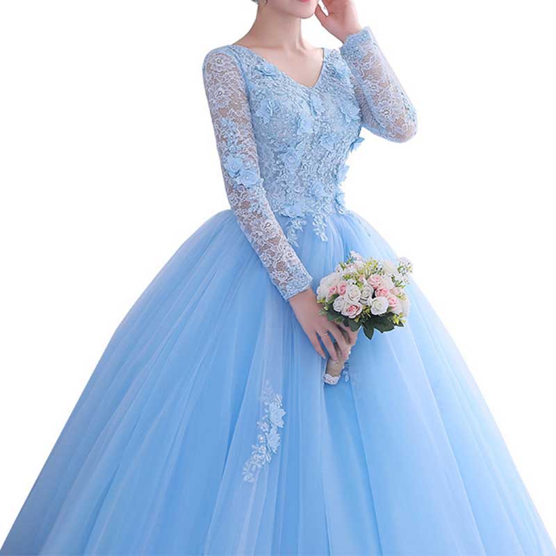 Ball Gown Quinceanera Dress Princess Dress Long Sleeve V Neck Appliques Prom Dress