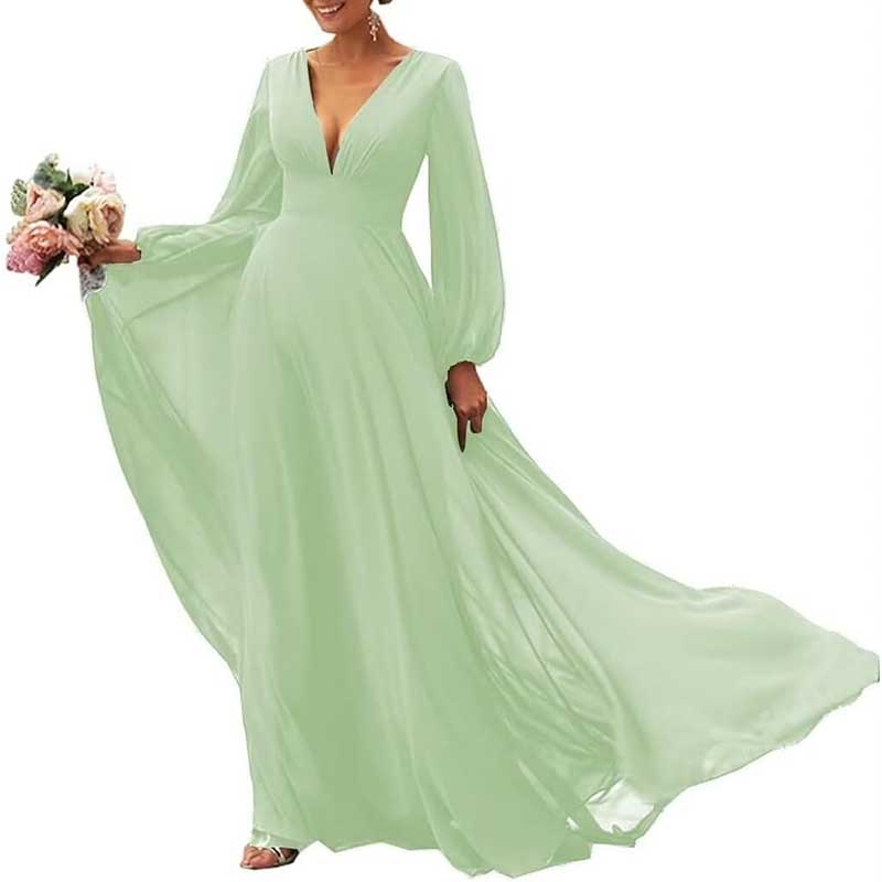 Long Sleeve V-Neck Bridesmaid Dresses Chiffon A Line Formal Dress Evening Gowns