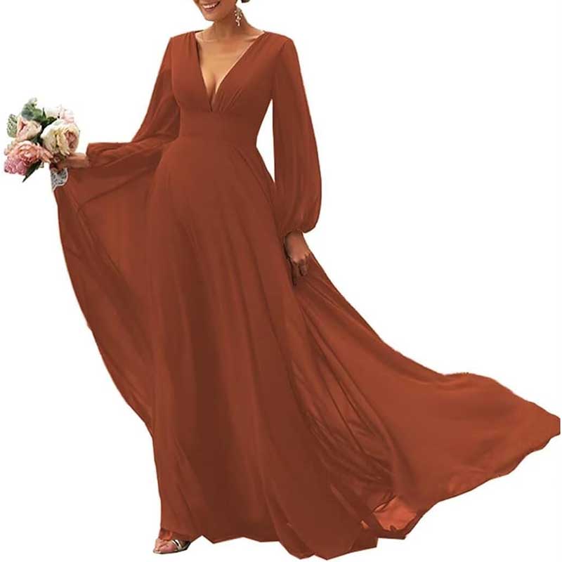 Long Sleeve V-Neck Bridesmaid Dresses Chiffon A Line Formal Dress Evening Gowns