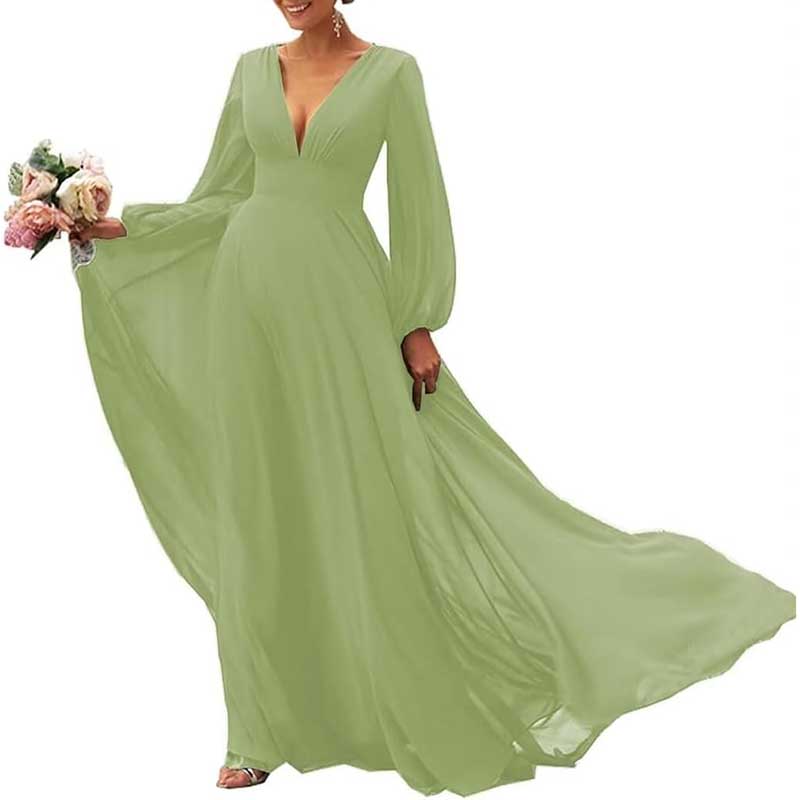 Long Sleeve V-Neck Bridesmaid Dresses Chiffon A Line Formal Dress Evening Gowns