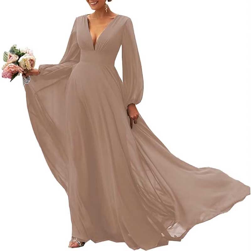 Long Sleeve V-Neck Bridesmaid Dresses Chiffon A Line Formal Dress Evening Gowns