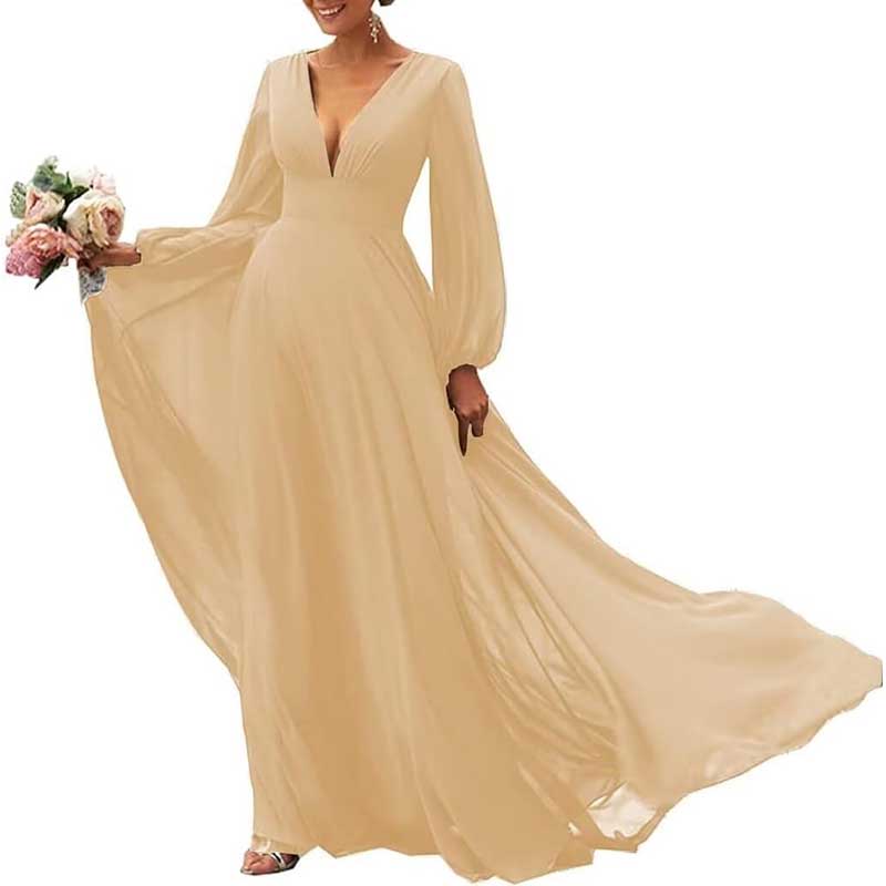 Long Sleeve V-Neck Bridesmaid Dresses Chiffon A Line Formal Dress Evening Gowns