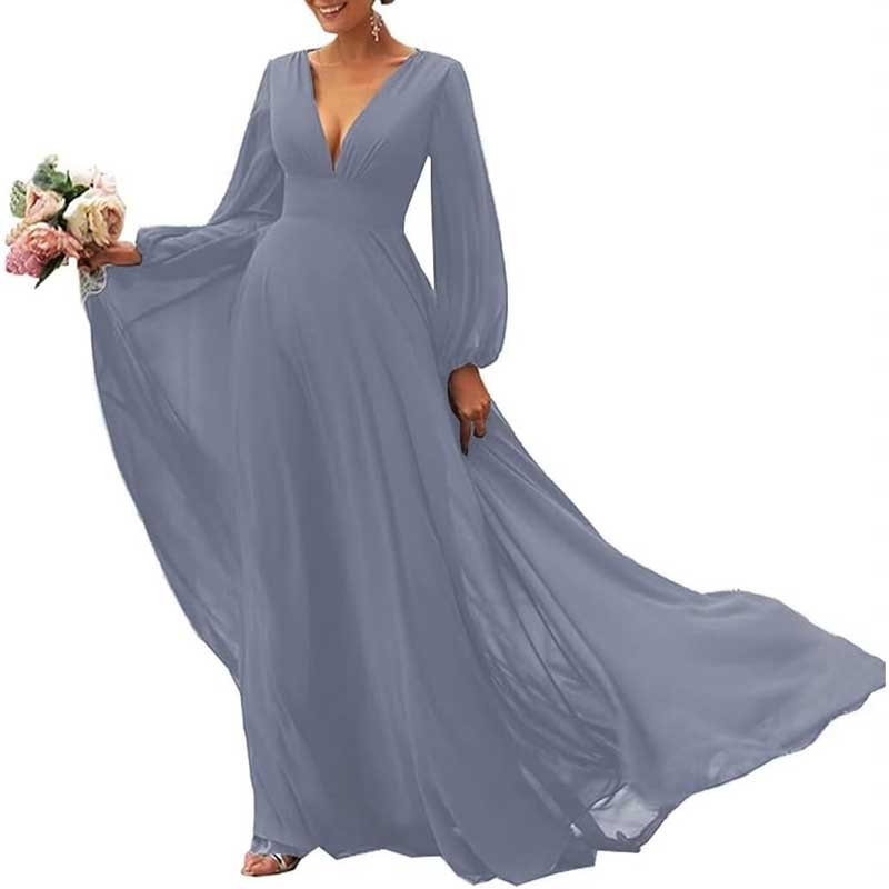 Long Sleeve V-Neck Bridesmaid Dresses Chiffon A Line Formal Dress Evening Gowns