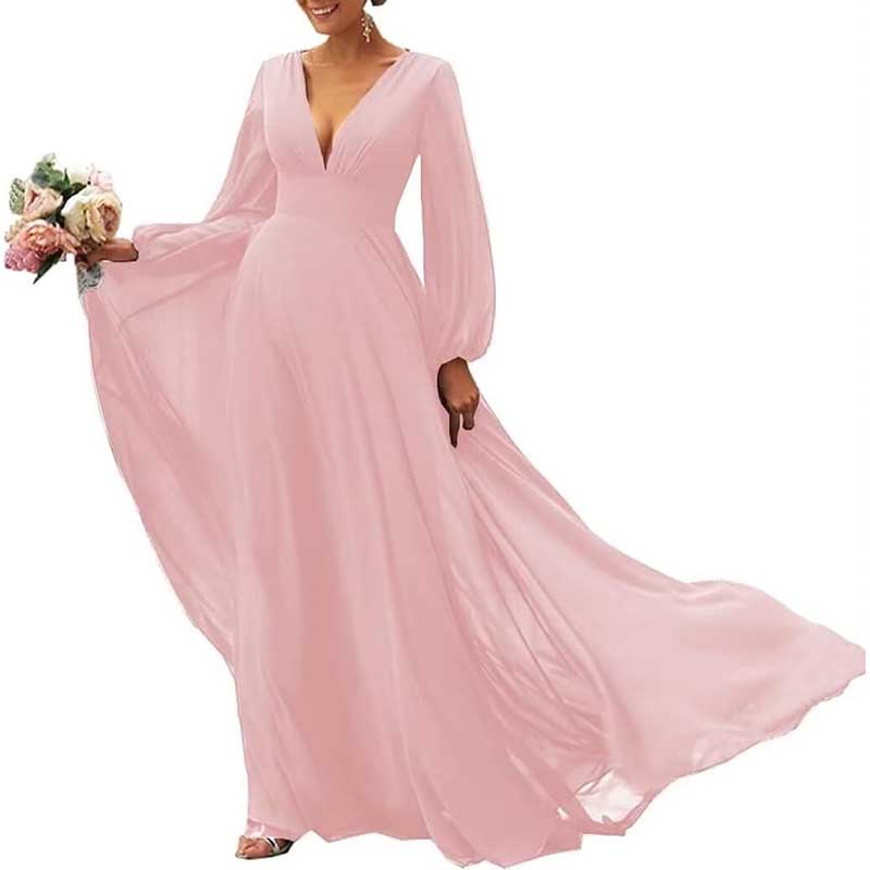 Long Sleeve V-Neck Bridesmaid Dresses Chiffon A Line Formal Dress Evening Gowns